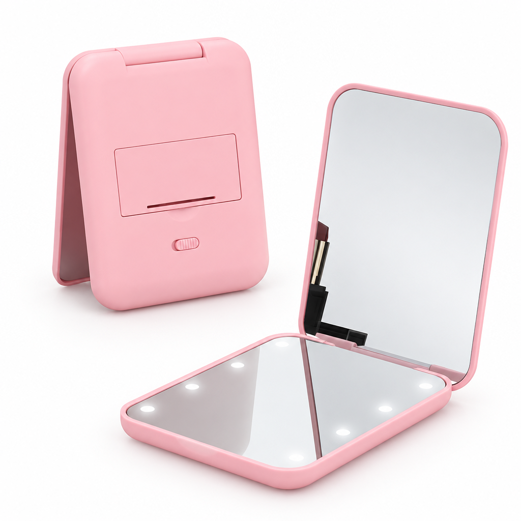 Back view of the pink folding mirror