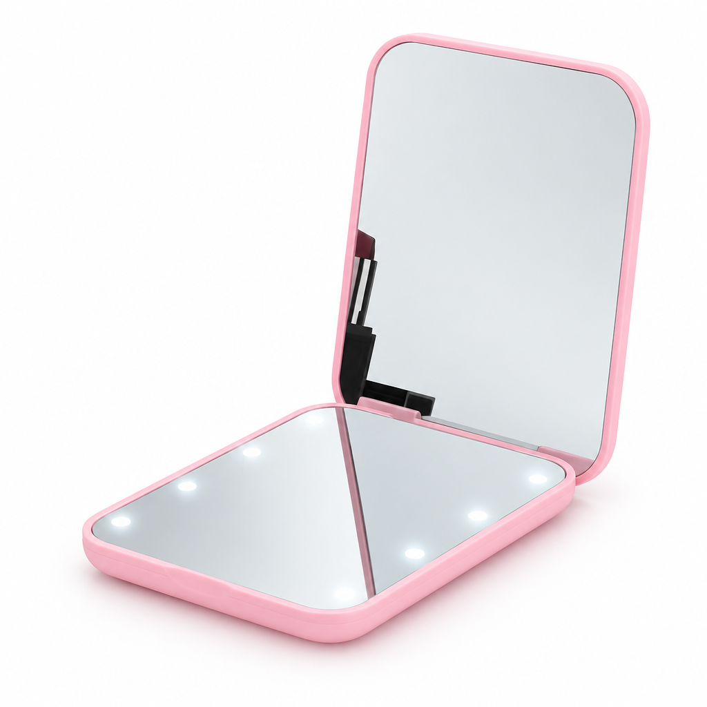 Pink folding mirror on a white background